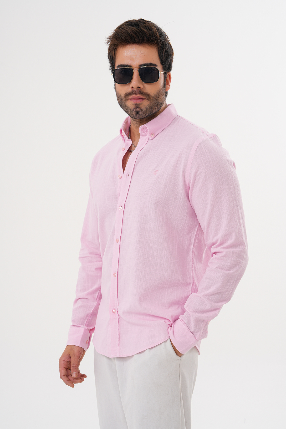 Catto Peak  Erkek 100%pamuk Nefes Alan Teri Emen Nakışlı Regular Gömlek - Görsel 7