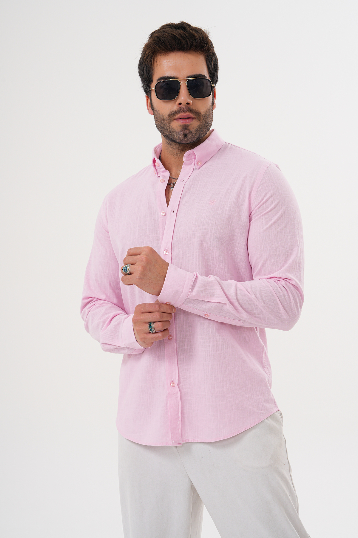 Catto Peak  Erkek 100%pamuk Nefes Alan Teri Emen Nakışlı Regular Gömlek - Görsel 6