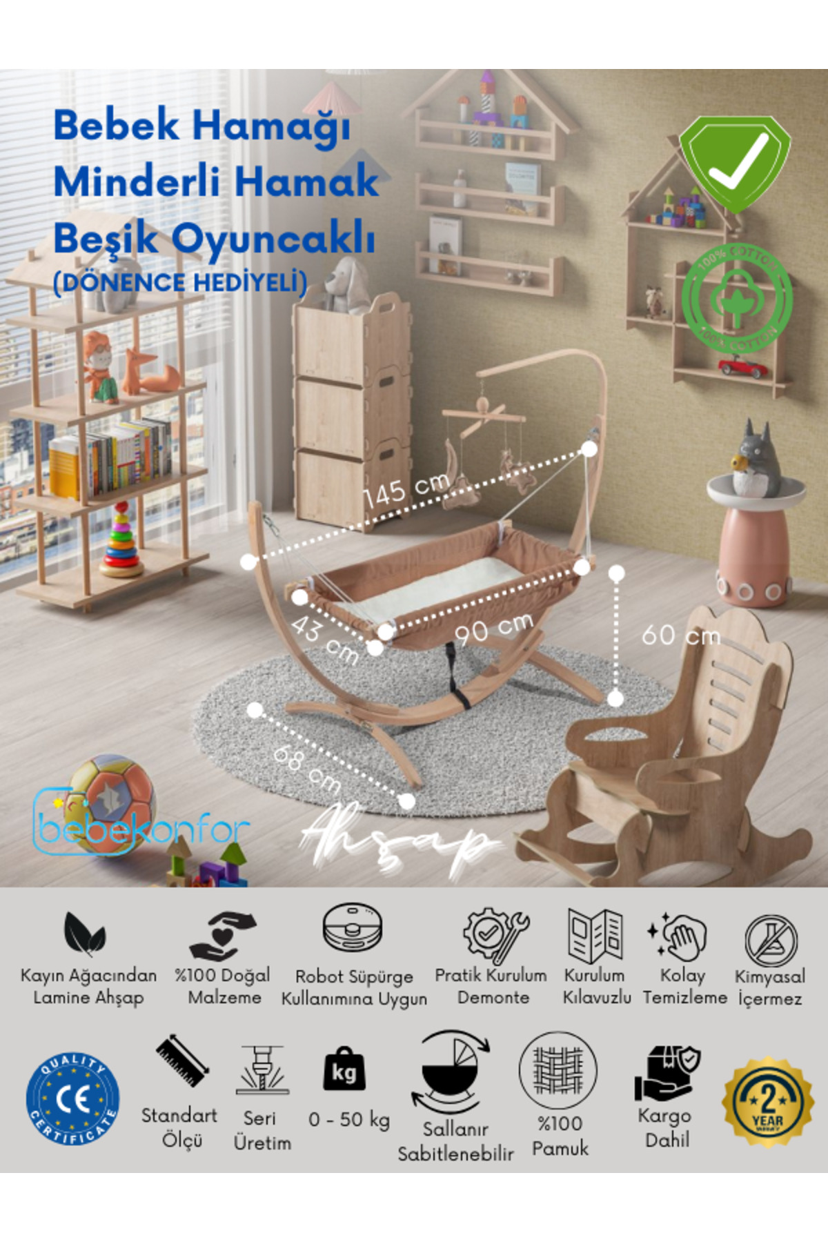 BebeK on For Ahşap Bebek Hamağı Kahverengi (sallanabilir Sabitlenebilir ) Oyuncaklı (DÖNENCE HEDİYELİ) fotoğrafı 2 (önizleme)