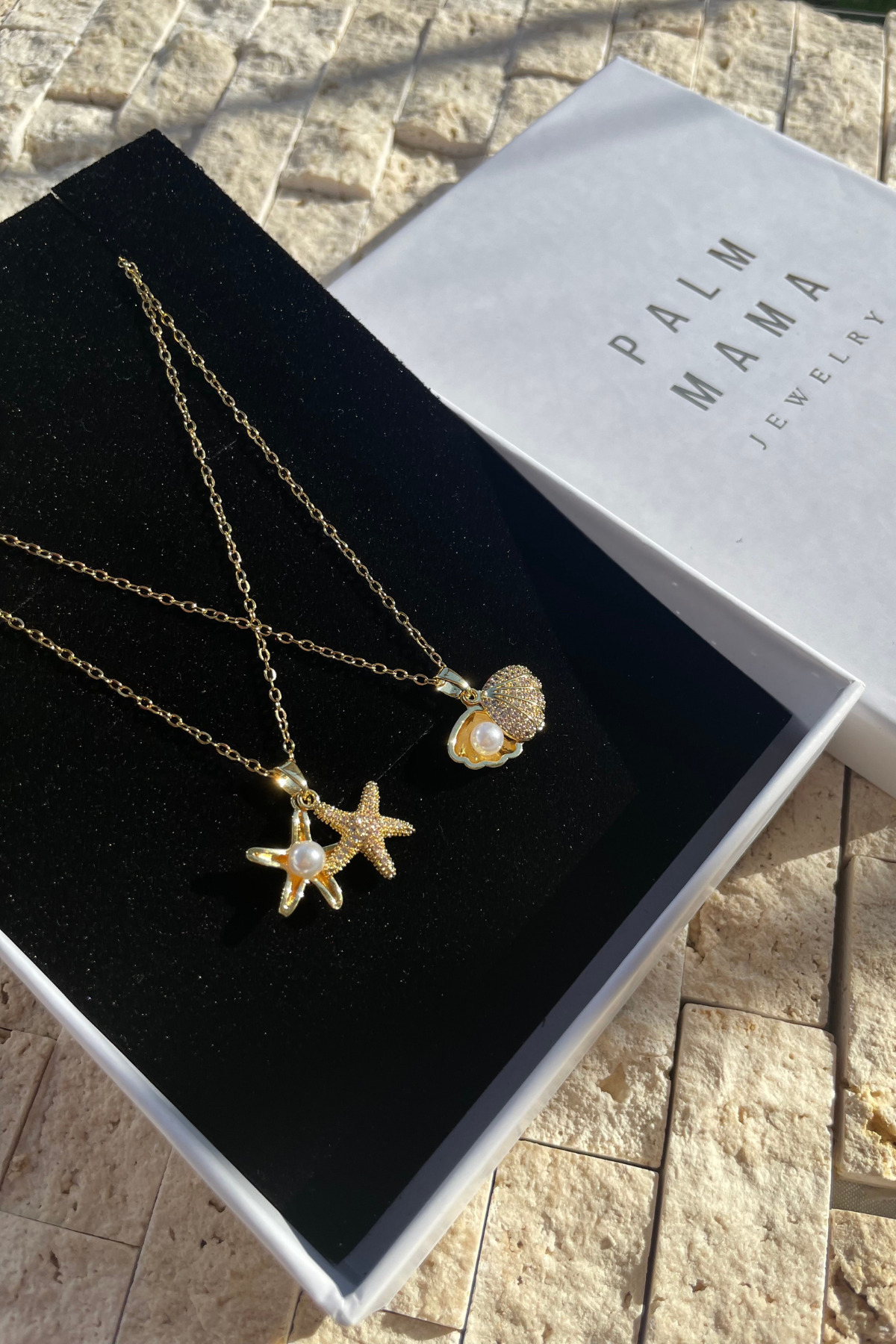 Genel Markalar Palm Mama Jewelry Deniz Kabuğu Inci Minimal Gold Zirkon Taşlı Zincir KUTULU Paslanmaz Çelik Kolye