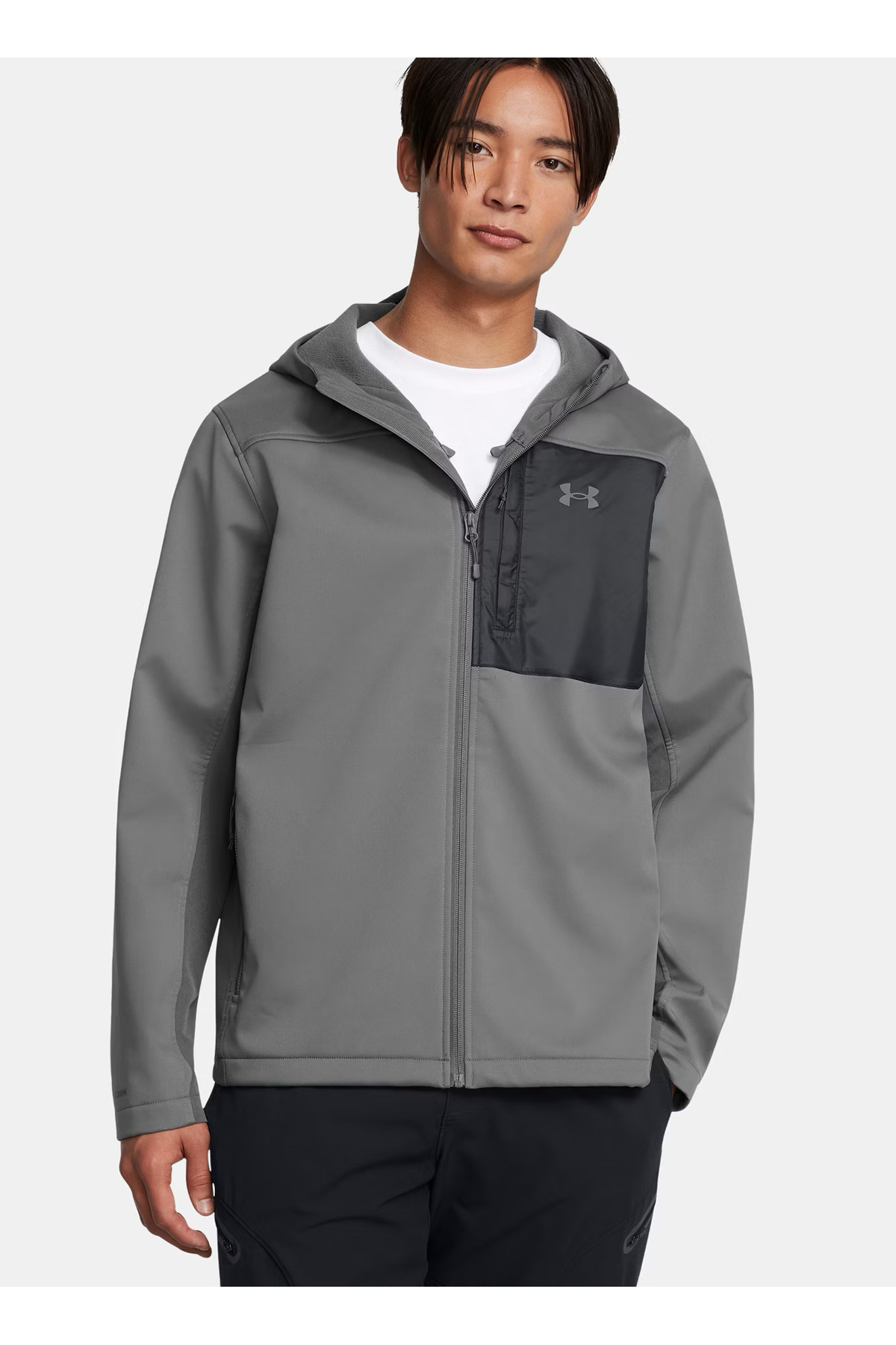 آندر آرمور کاپشن مردانه خاکستری یقه کلاه‌دار، سایز معمولی، زیپ‌دار، کد ۱۳۷۱۵۸۷-۰۲۵، کاپشن کلاه‌دار شیلد