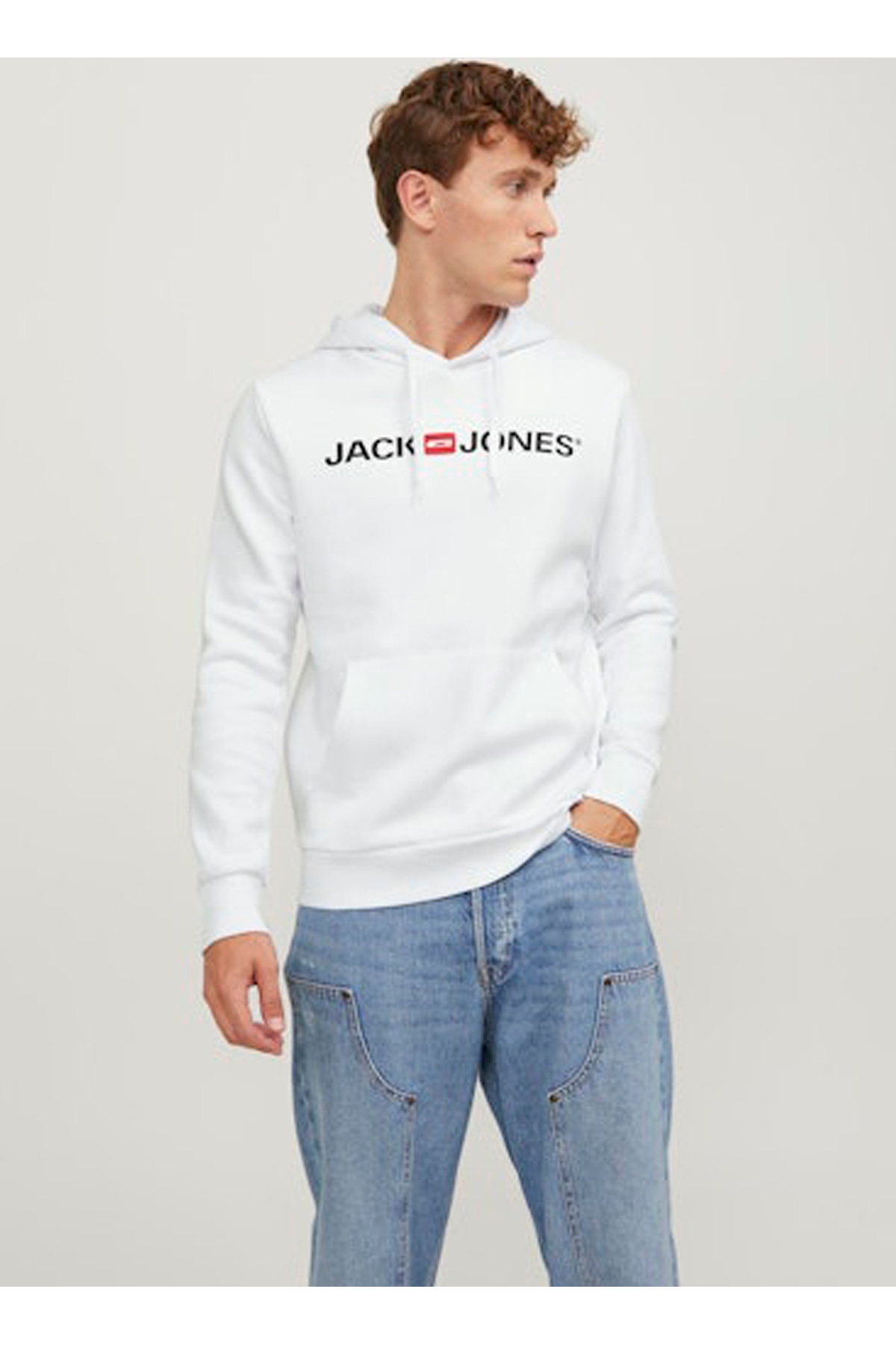 جک اند جونز سویشرت مردانه سفید کلاهدار JJECORP OLD LOGO SWEAT HOOD NOOS