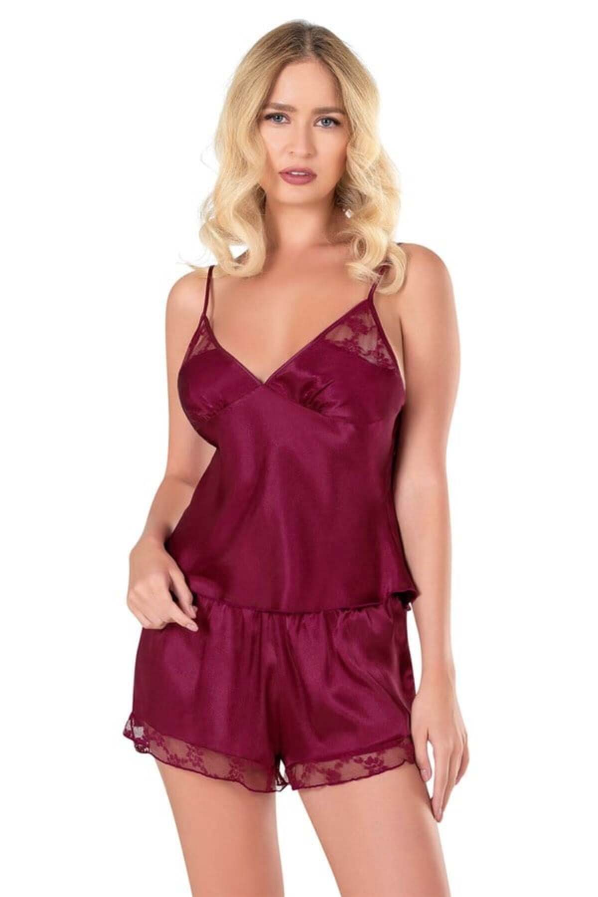 Aria's Closet Arias Closet Bordo Saten Babydoll Şort Takımı