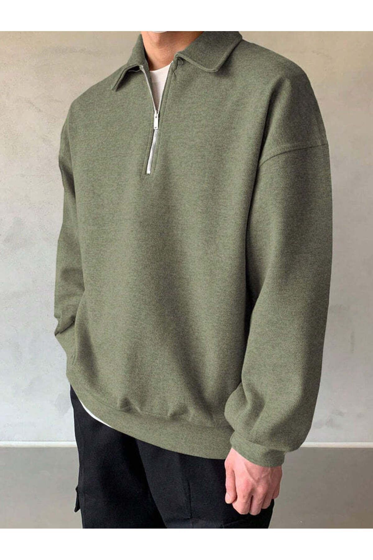 COMBİNE MİCHAİL Erkek Polo Yaka Yarım Fermuarlı Sweatshirt HAKİ görsel 3