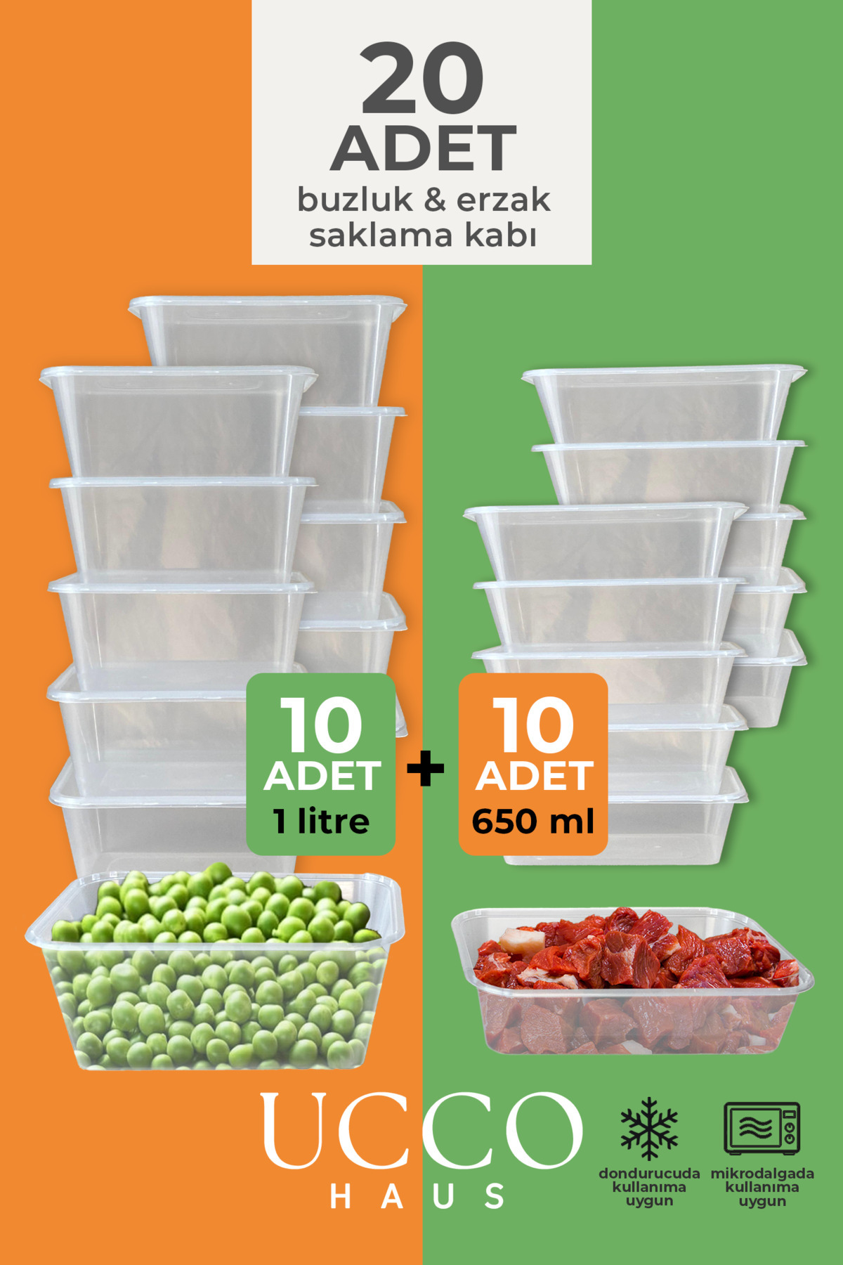 UCCO 20(10+10) Adet Ekonomik Saklama Kabı Seti – 10x650 ml 10x1000 ml Mikrodalga Buzluk Dondurucu Erzak