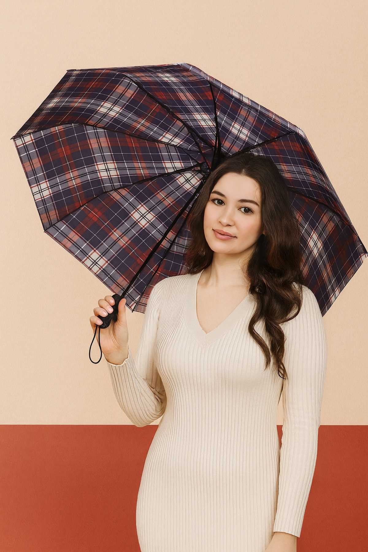 Chunky Frame Otomatik Fonksiyon Açma Kapama Fiber Tel Kılıflı Kırmızı Ekoseli Unisex Kaliteli Lüx Şemsiye