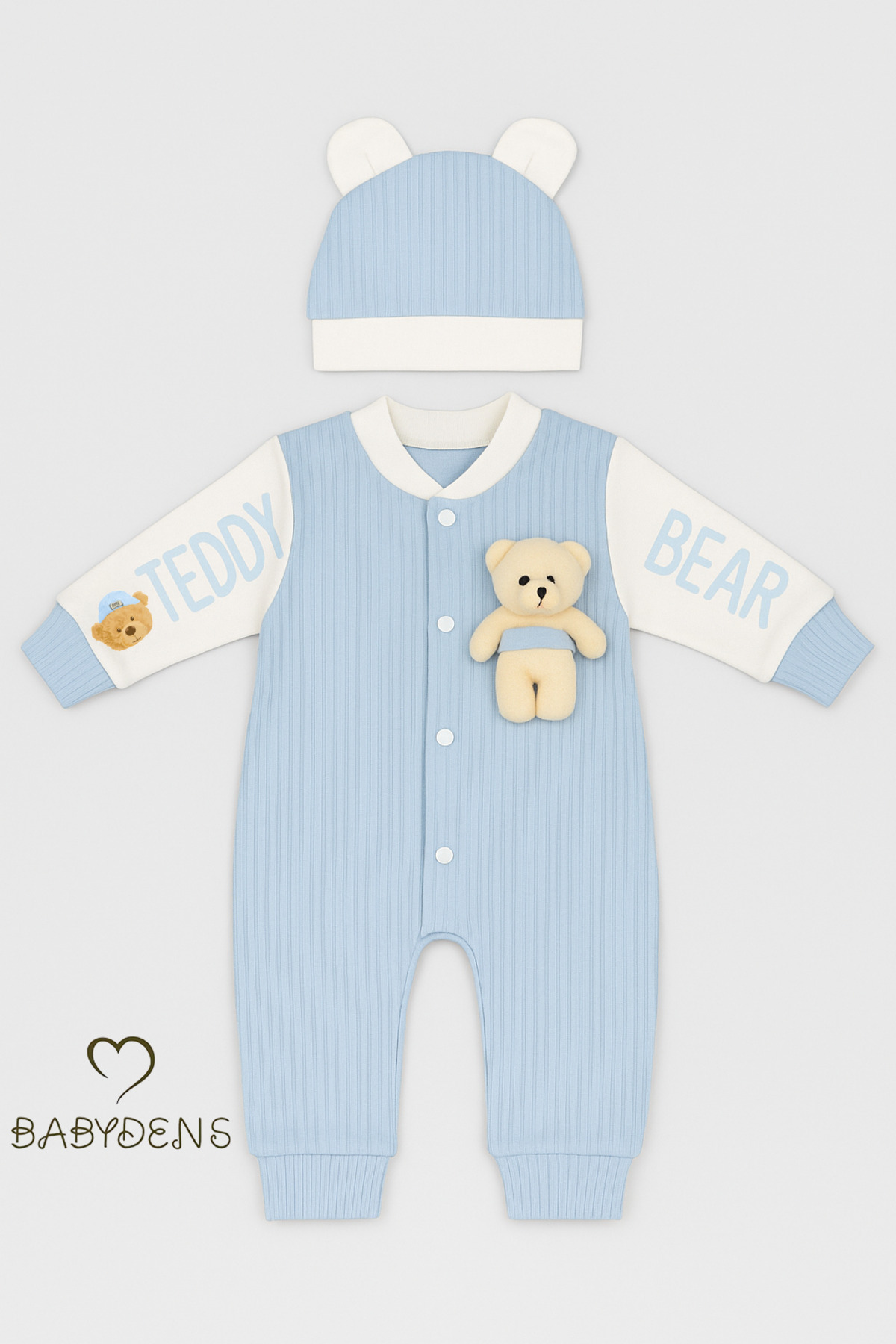 BABYDEN'S Teddy Bear Temalı Yenidoğan Fitilli Tulum Takımı Ayıcıklı Erkek Bebek Tulum Şapka Set %100Pamuk fotoğrafı 2 (önizleme)