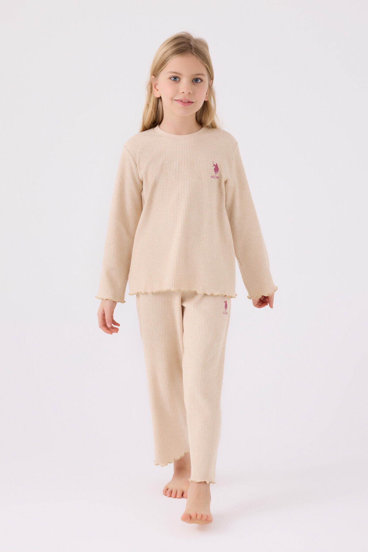 U.S. Polo Assn. Girl's Crew Neck Pigment Printed Winter Regular Fit Cream Pajama Set Us1986-C-V1