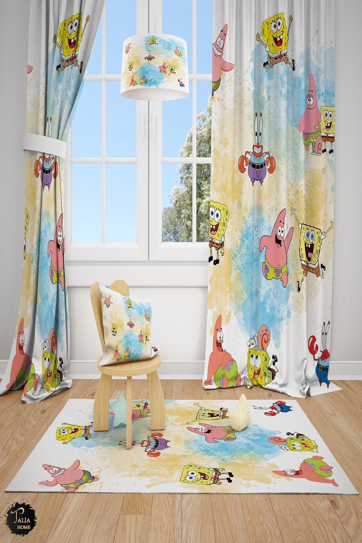 SpongeBob Patterned SpongeBob Children's Room 2 Wing Background CurtainTLA-313