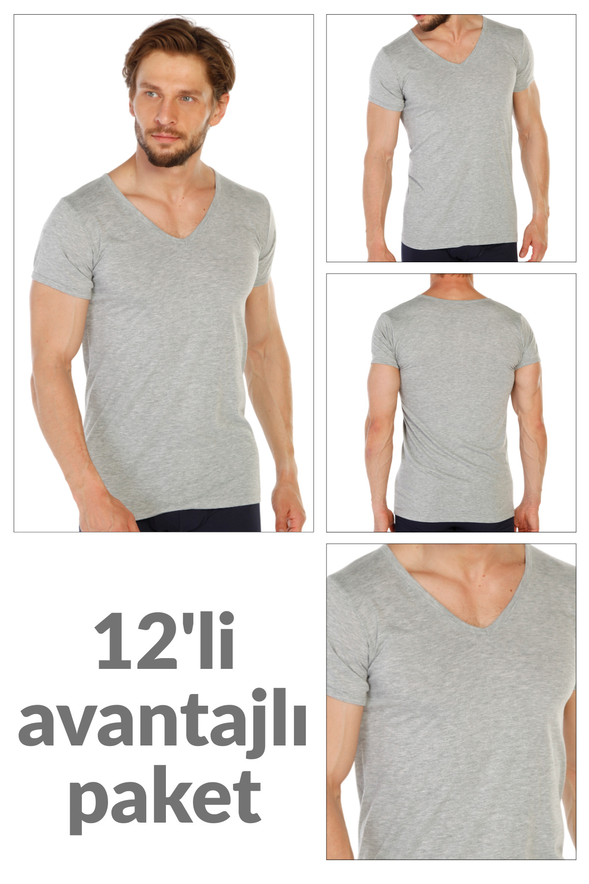 12-Pack Cotton Gray Melange Men's Single Jersey V-Neck Undershirt 317
