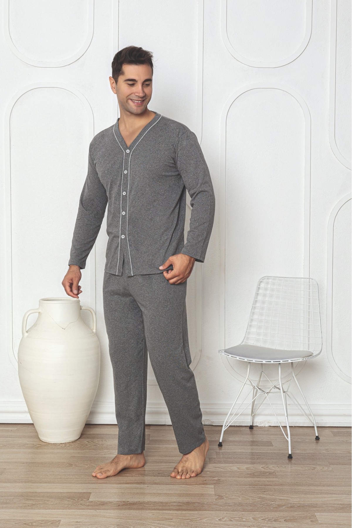 Sude HOMEWEAR Ercan Önden Düğmeli gri Erkek Pjm Tkm görsel 5