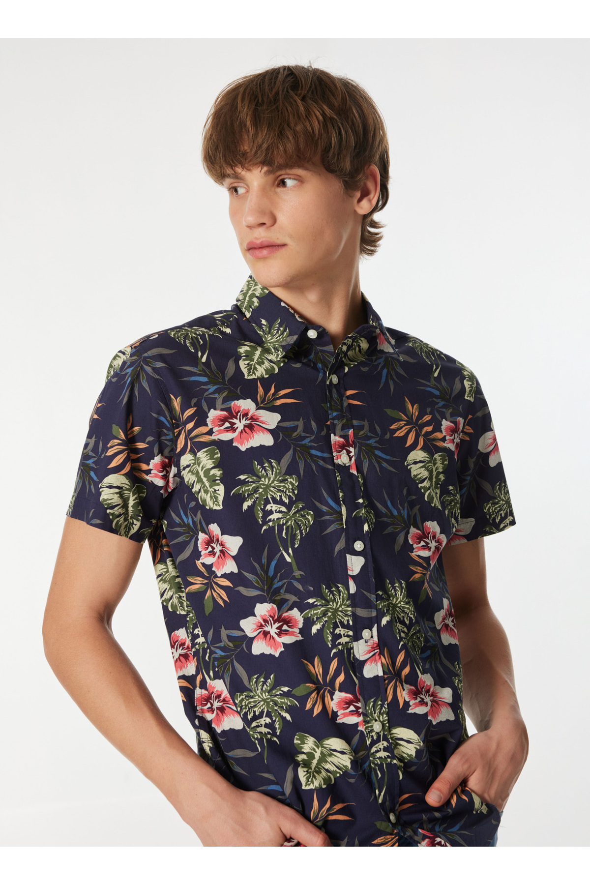 جک اند جونز پیراهن مردانه آبی تیره اسلیم فیت JJCHILL AOP SHIRT SS
