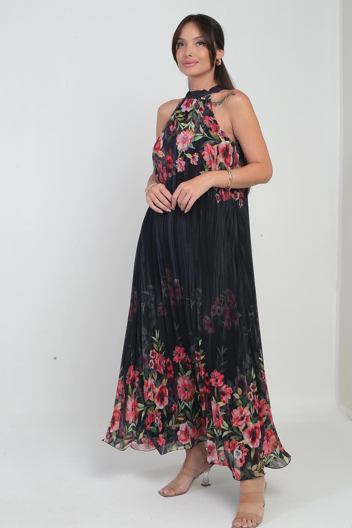 Women Floral Pattern Lined Plisoley Chiffon Long Dress