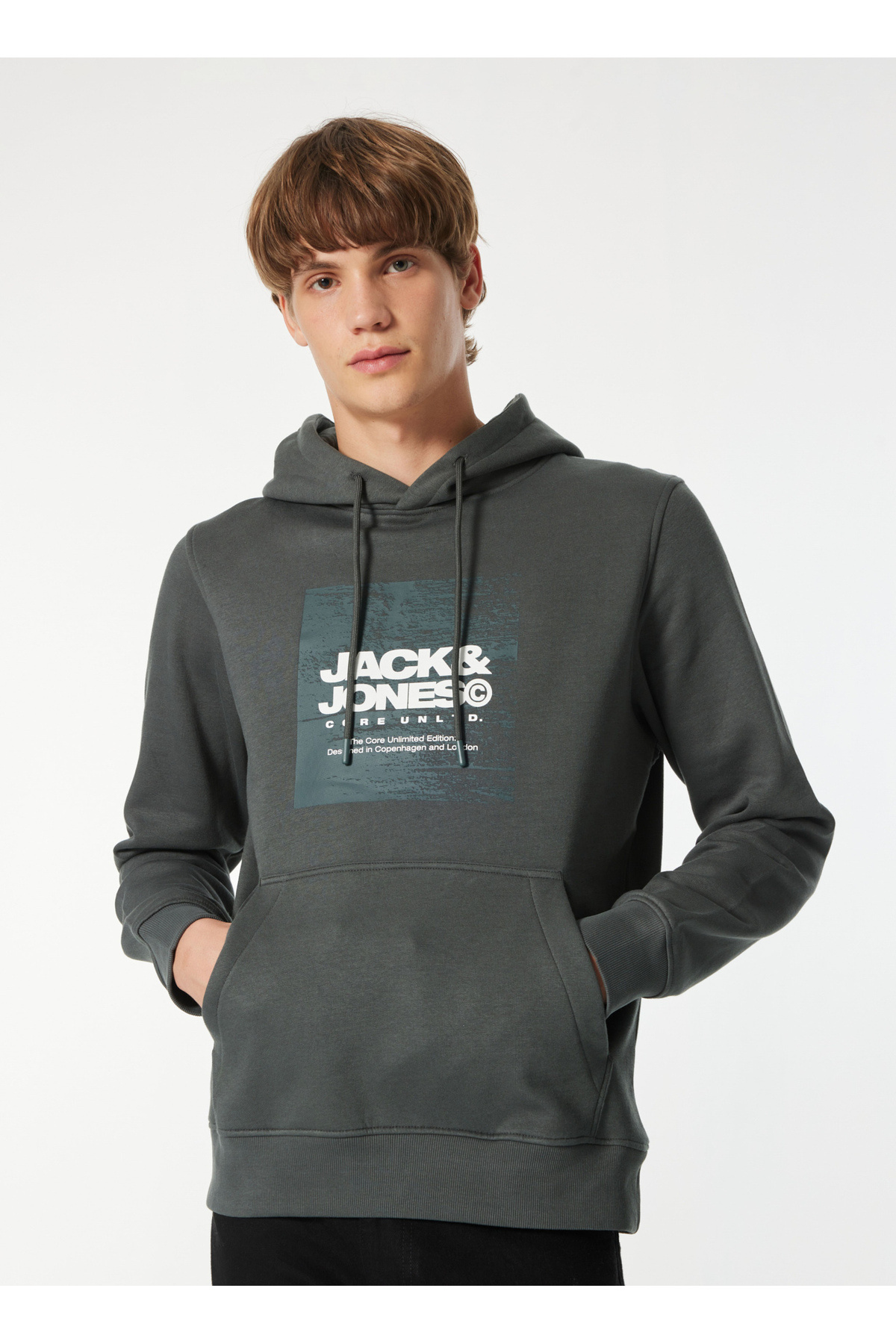 جک اند جونز سویشرت مردانه خاکستری کلاهدار 12269940_JCOAERO FRONT PRINT SWEAT
