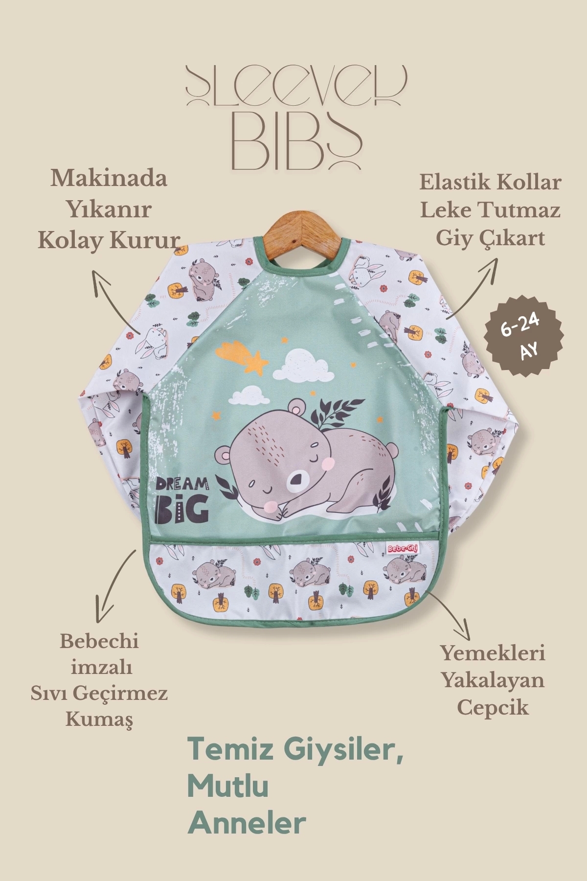 Bebechi 2'Li Uzun Kollu Giyilebilir Sevimli Ayı-Panda Desen Sıvı Geçirmez Aktivite ve Mama Önlüğü 6-24 AY fotoğrafı 3 (önizleme)