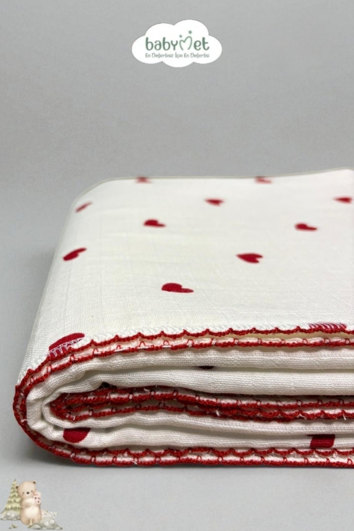 Genel Markalar %100 Pamuk Müslin Pike Bebek Battaniyesi 100x100 cm – Çift Taraflı Kalp Desenli, Doğal fotoğrafı 3 (önizleme)