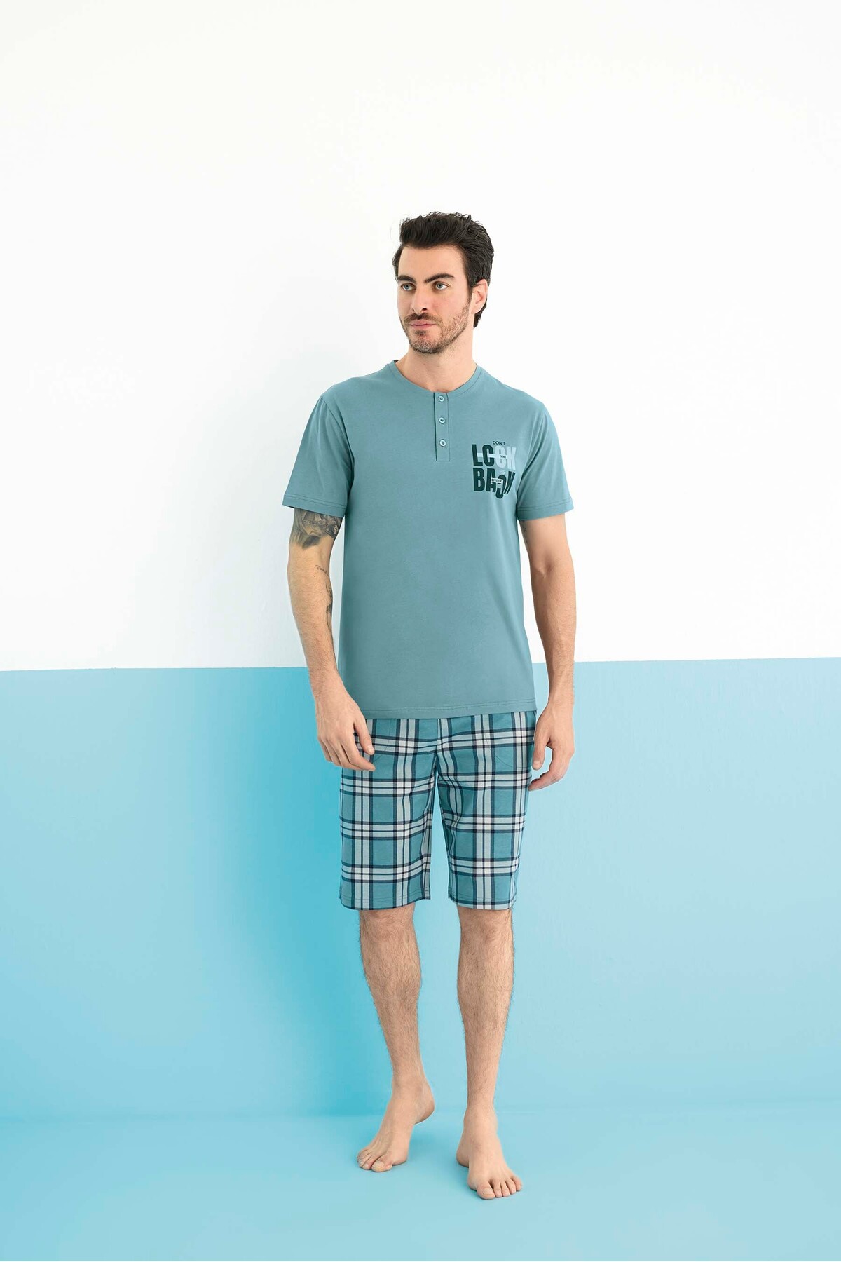 TURQUOISE BOTTOM PLAID PATTERNED MEN'S SHORTS SET
