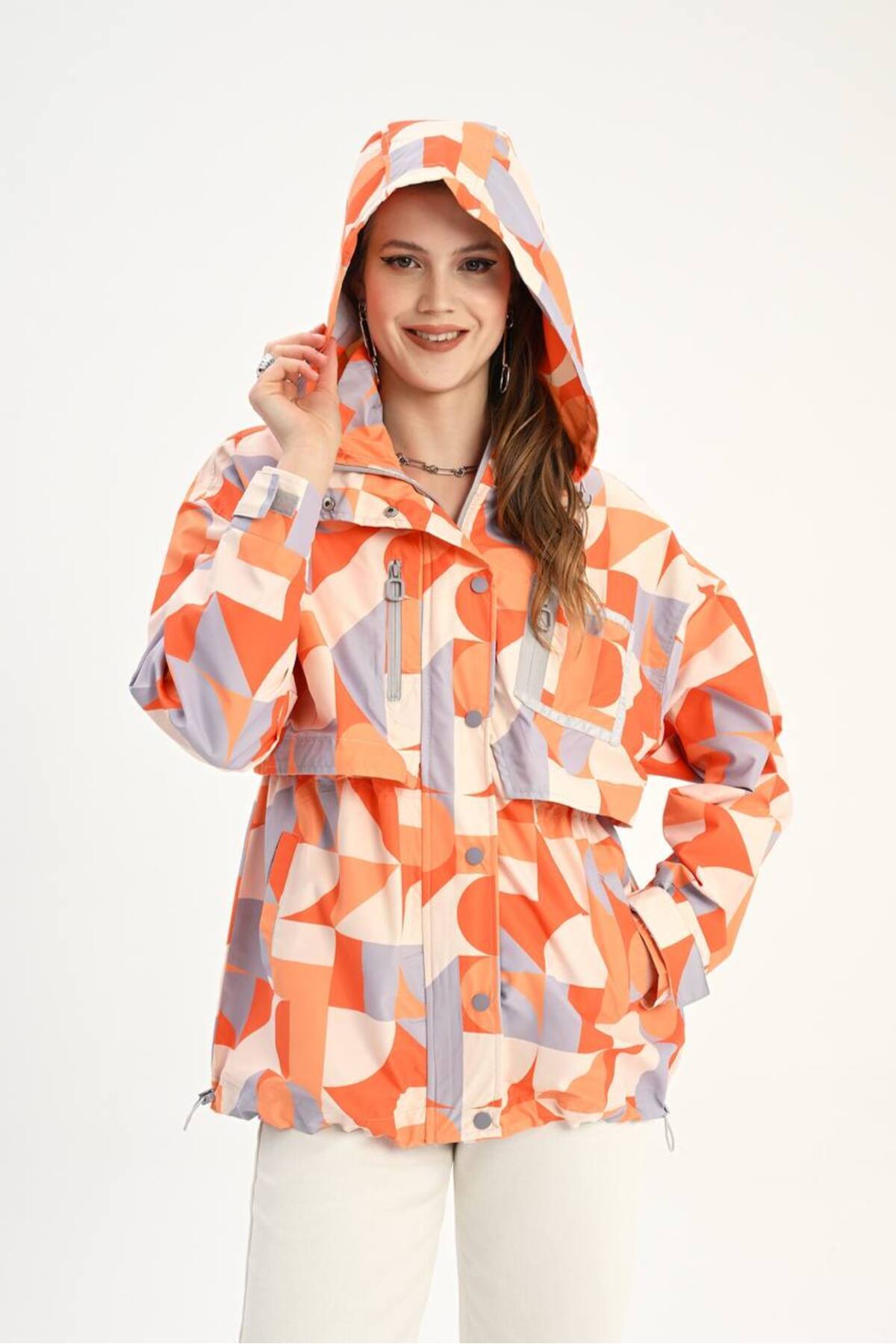 MATTİ MODA Geometrik Desen Turuncu Yağmurluk