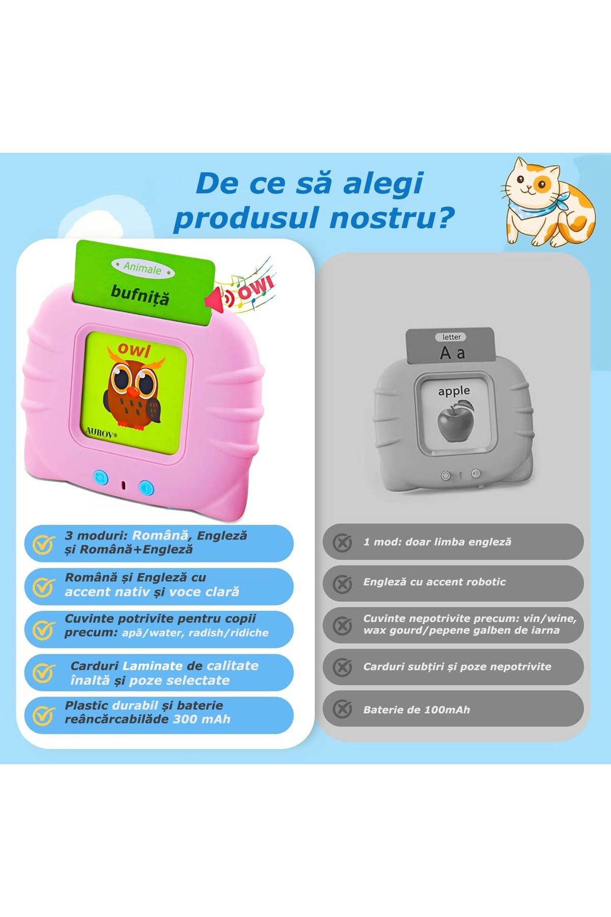 Aurov Jucărie educativă, Română/Engleză, Aurov, 448 de cuvinte, 112 cărți, Pronunție clară, Albastru