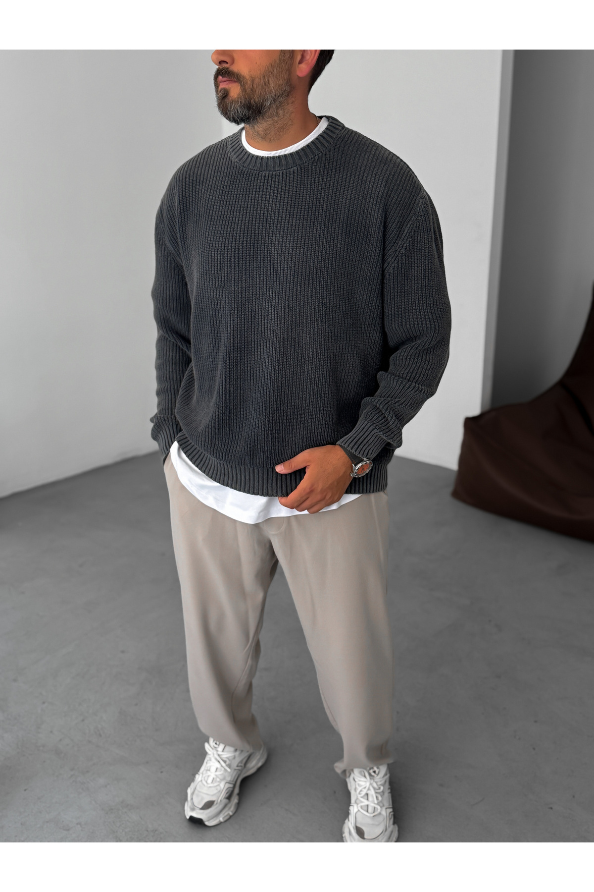 Siyah Yıkamalı Oversize Örme Kazak PM-027 — مشکی 9183 — تصویر 4 از 4