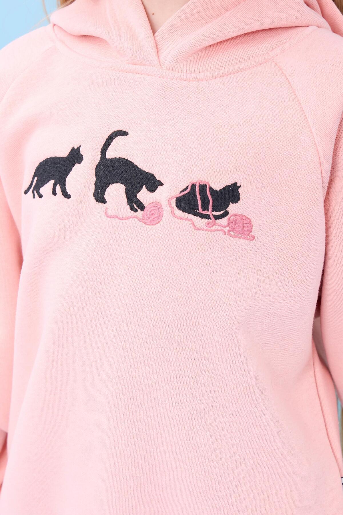 Perendi Girl's Hooded Winter Set with Fleece Lining and Cat Embroidery, Yavruağzı