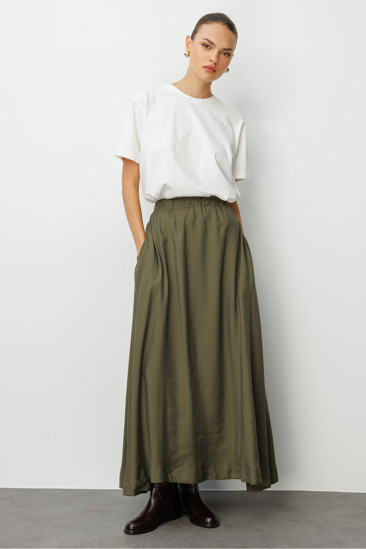 Modal Blended Khaki Elastic Waist Maxi Skirt