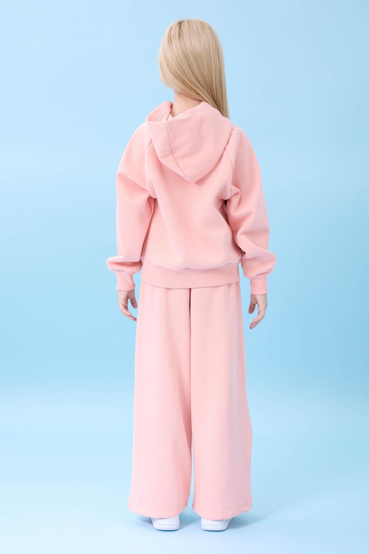 Perendi Girl's Hooded Winter Set with Fleece Lining and Cat Embroidery, Yavruağzı