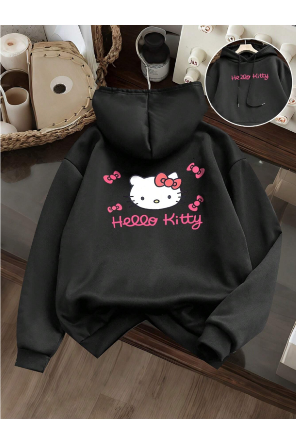 Revasser  KOPYA - Unisex Erkek/Kadın HELLO KITTY Renkli Özel Baskılı Pamuklu Oversize Kapüşonlu Sweatshirt