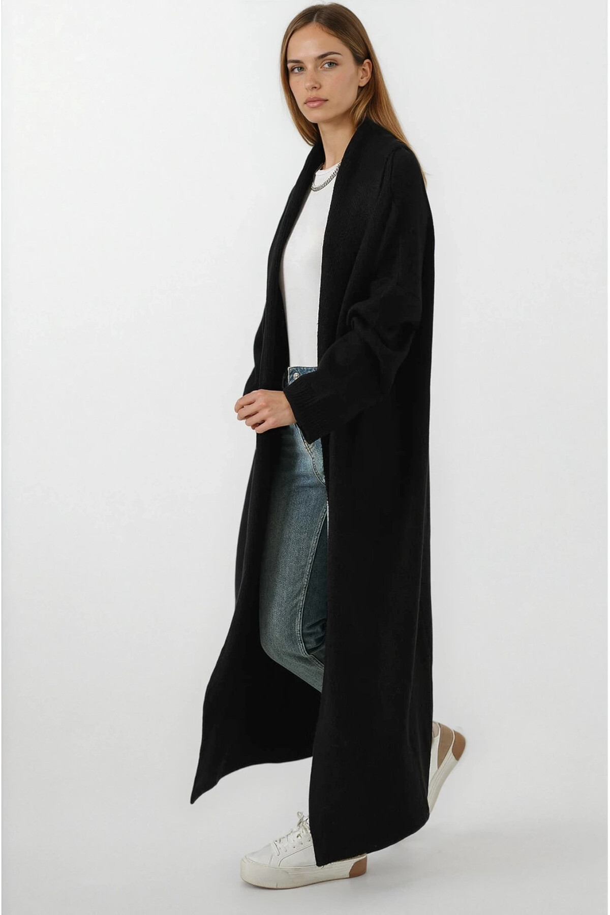 hazelin  Kadın Siyah Oversize Uzun Triko Hırka HZL25W-BD1103041 - Görsel 3