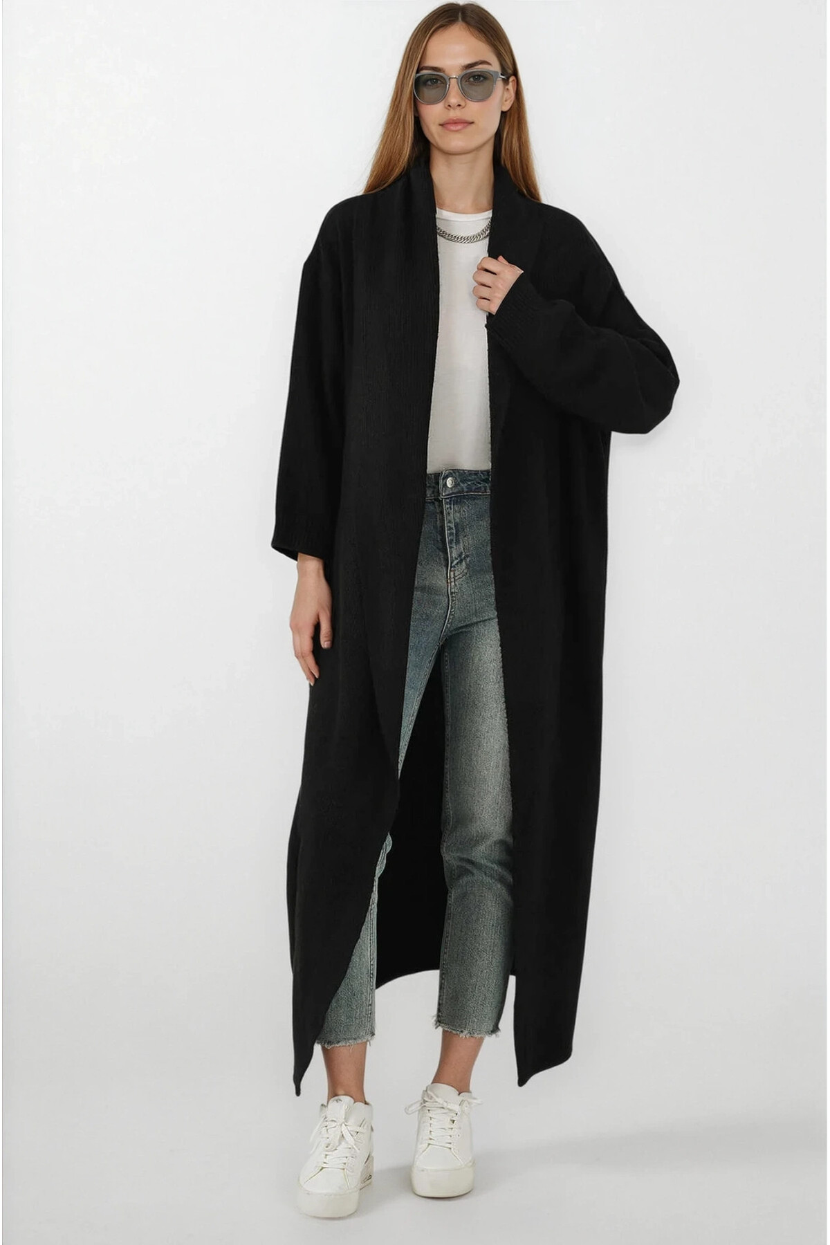 hazelin  Kadın Siyah Oversize Uzun Triko Hırka HZL25W-BD1103041