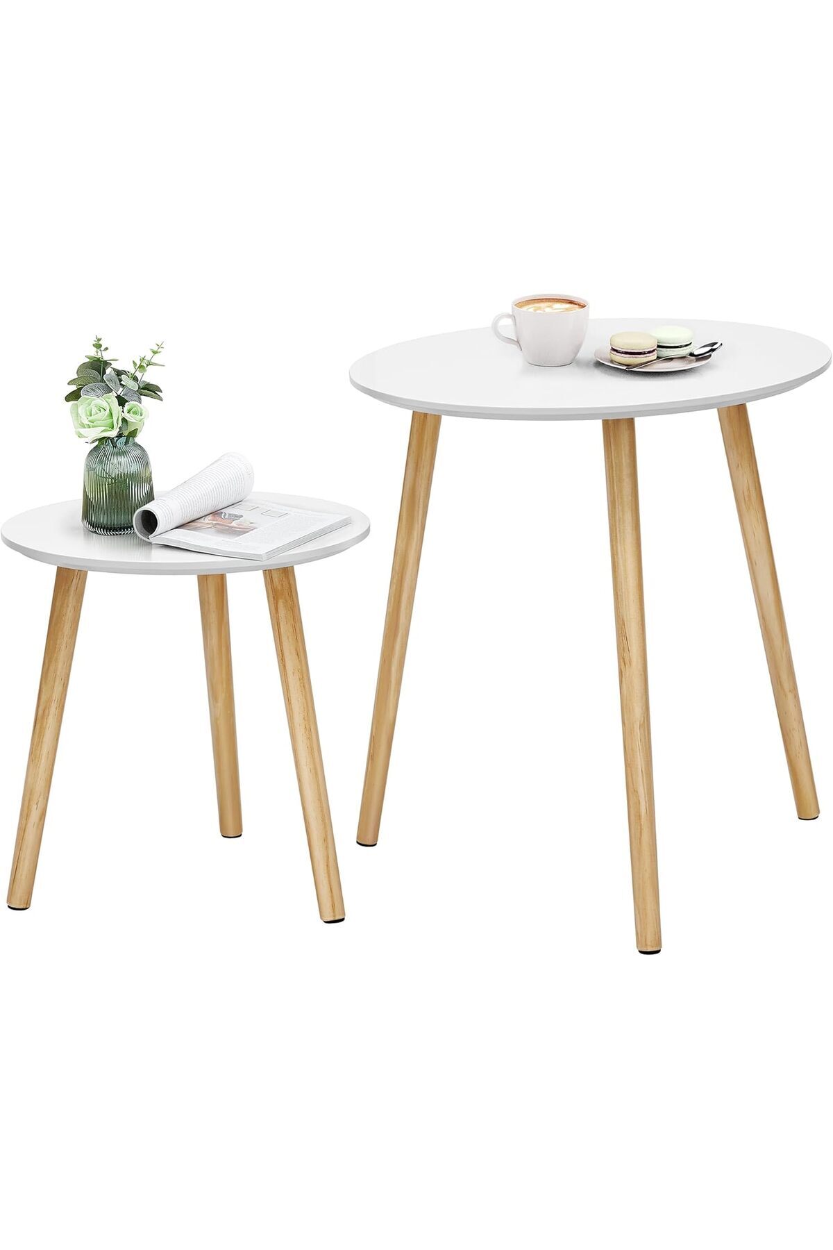 STOREMAX Yan Sehpa Seti, Yuvarlak, 2 Modern Kanepe Sehpası, Minimalist, Iskandinav Tarzı, Masif Ahşap Ayaklar