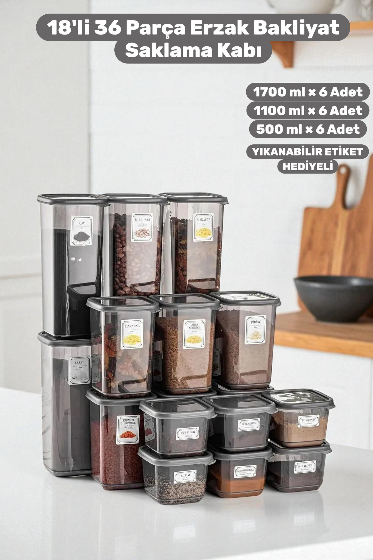 18'li 36 Parça Erzak ve Bakliyat Saklama Kabı Seti Hava Geçirmez Kapaklı Mutfak ve Kiler Düzenleyici