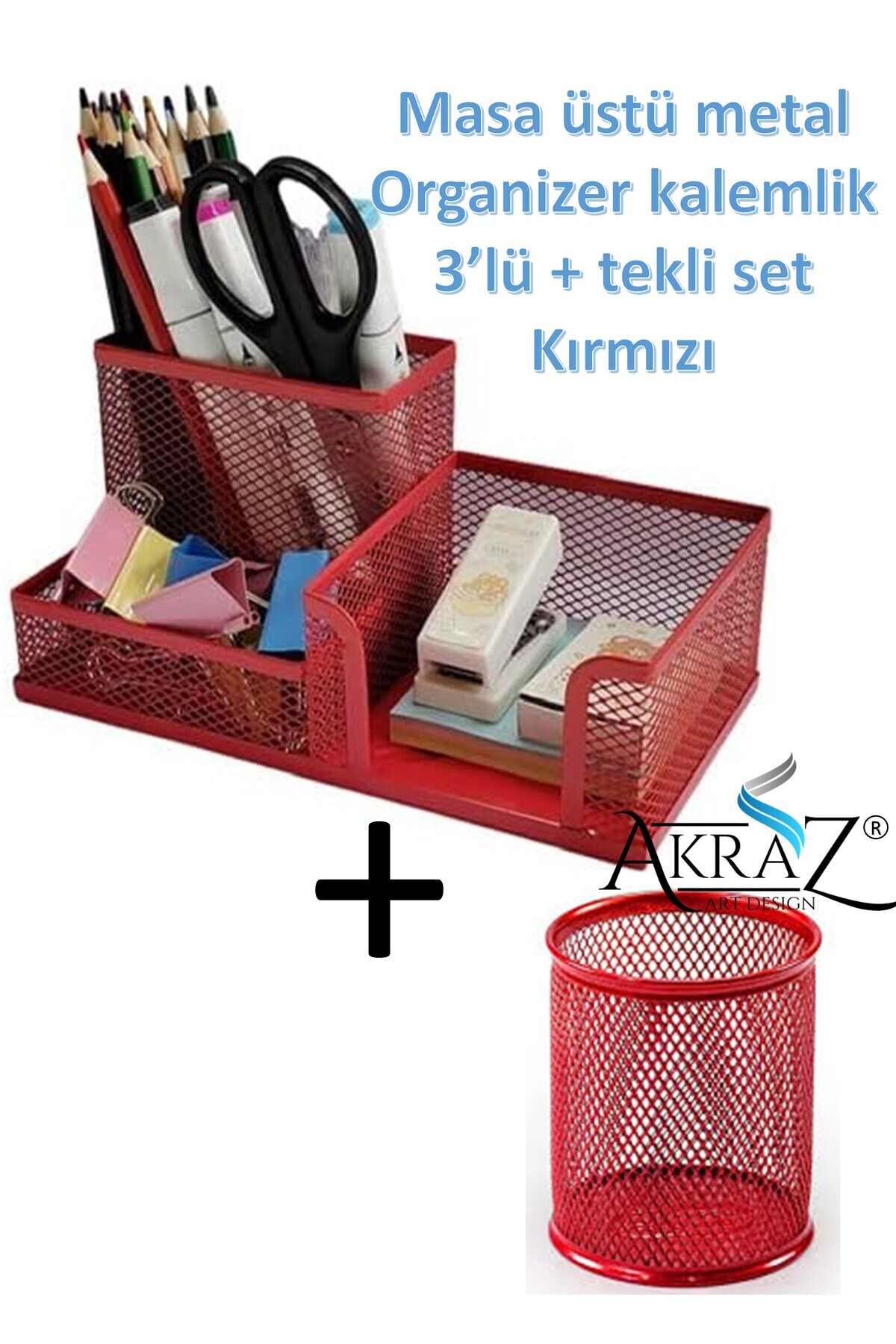 Akraz Art Design MASA ÜSTÜ METAL KALEMLİK SETİ 3'LÜ KIRMIZI + TEKLİ KALEMLİK (SET)