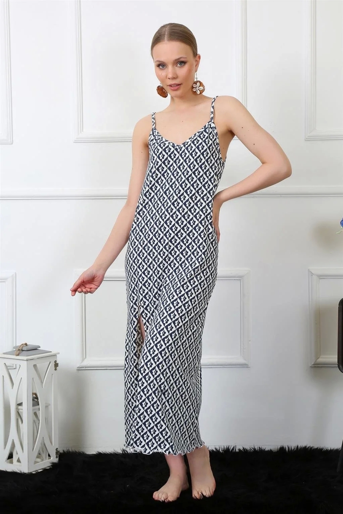 Çamaşır Kenti Kadın İp Askılı Uzun Gecelik Lacivert