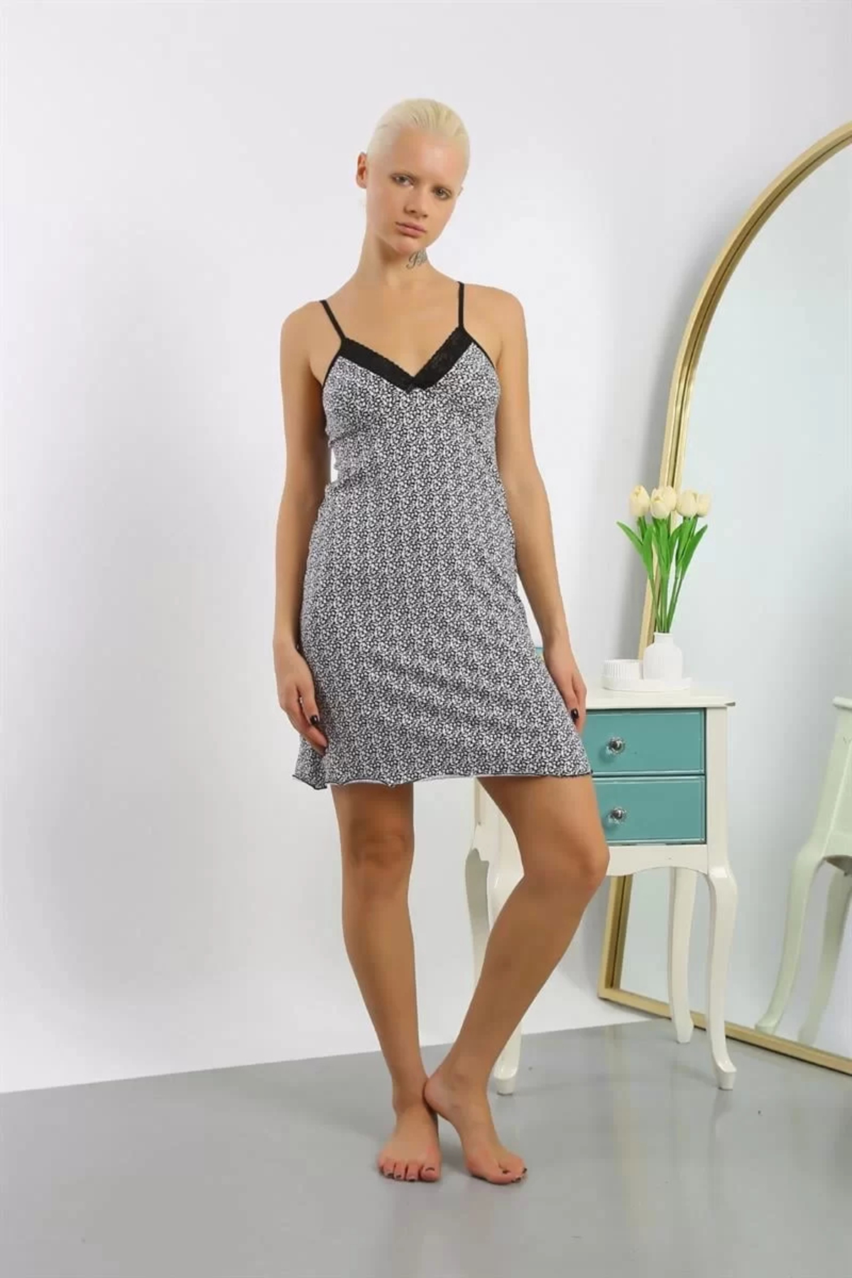 Çamaşır Kenti Kadın Penye Desenli İp Askılı Gecelik