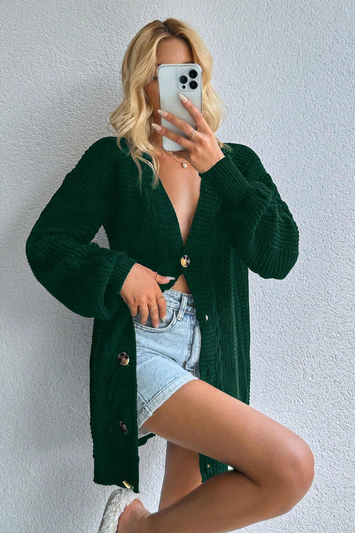 H&E LUXURY DESIGN  Kadın V Yaka Zümrüt Yeşili Triko Hırka - Görsel 3