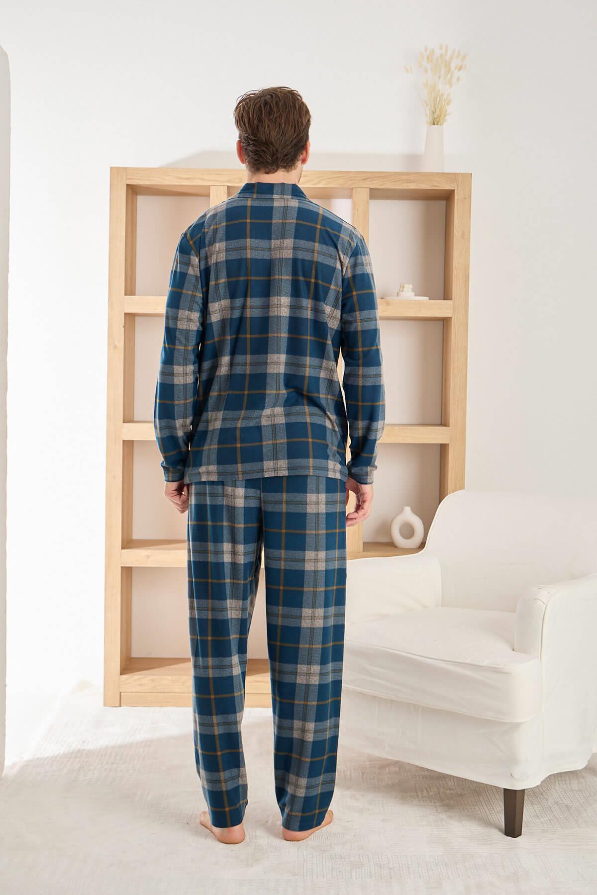 Pijamaevi Açık Lacivert Ekose Desenli Önden Düğmeli Elegant Erkek Pijama Takımı görsel 3