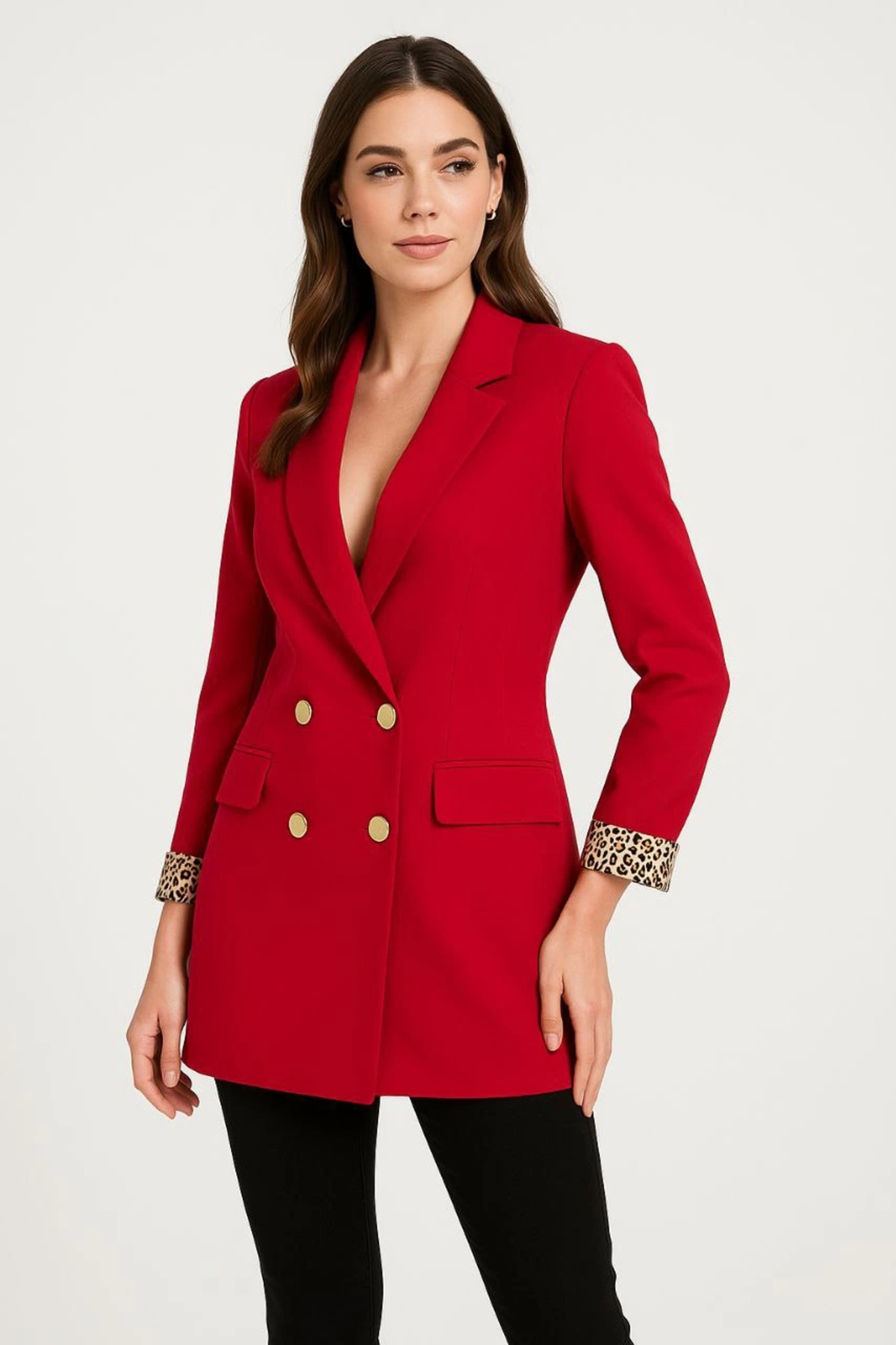 IVORA WEAR Kadın Kırmızı Kırlangıç Yaka Altın Düğmeli Blazer Leopar Manşetli Ceket- Kırmızı