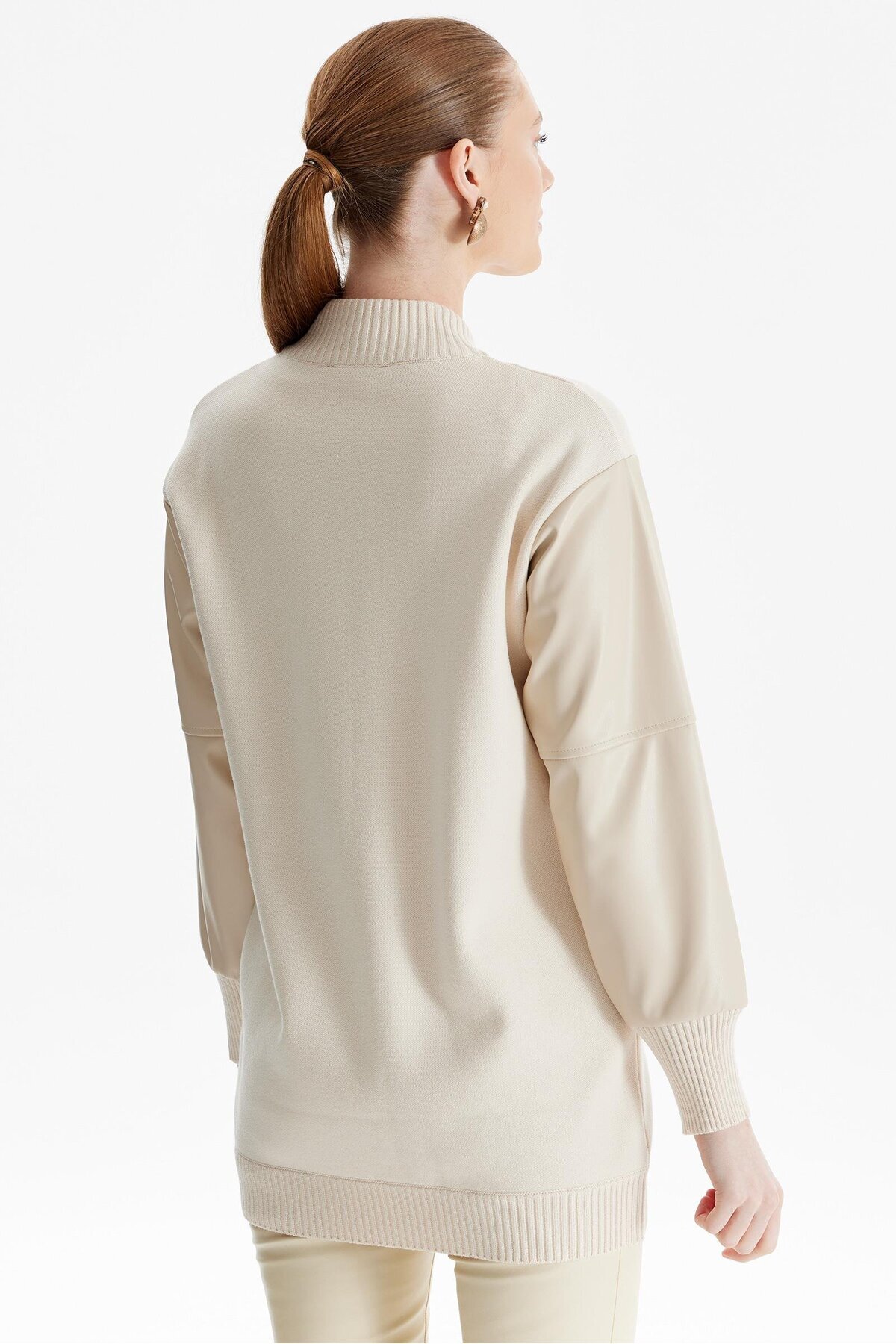 Genel Markalar  Kolları Deri Garnili Triko Bomber Ceket BEJ - Görsel 4