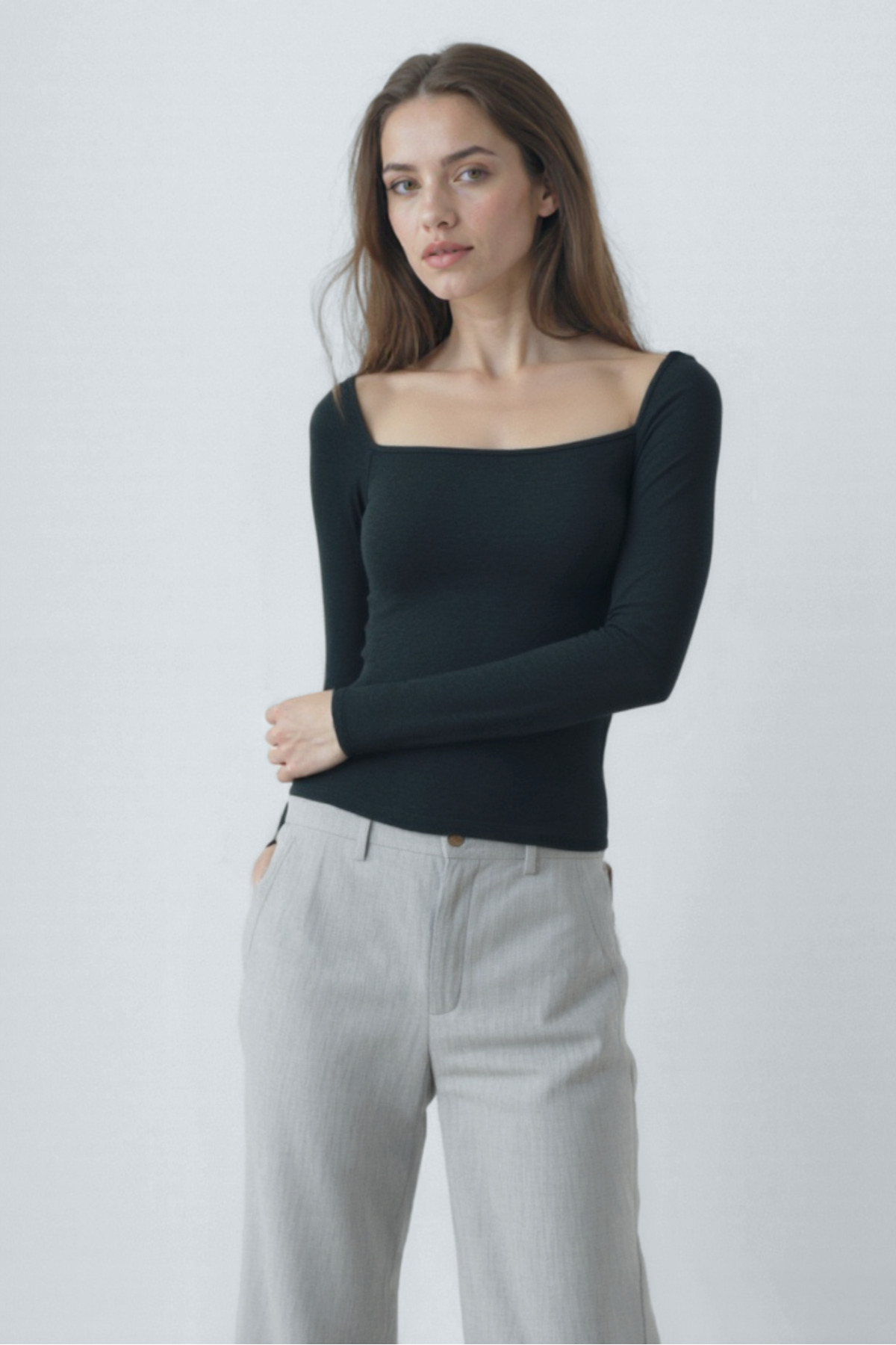 Black Melange Square Neck Long Sleeve Women's Crop Body CECILIA CROP