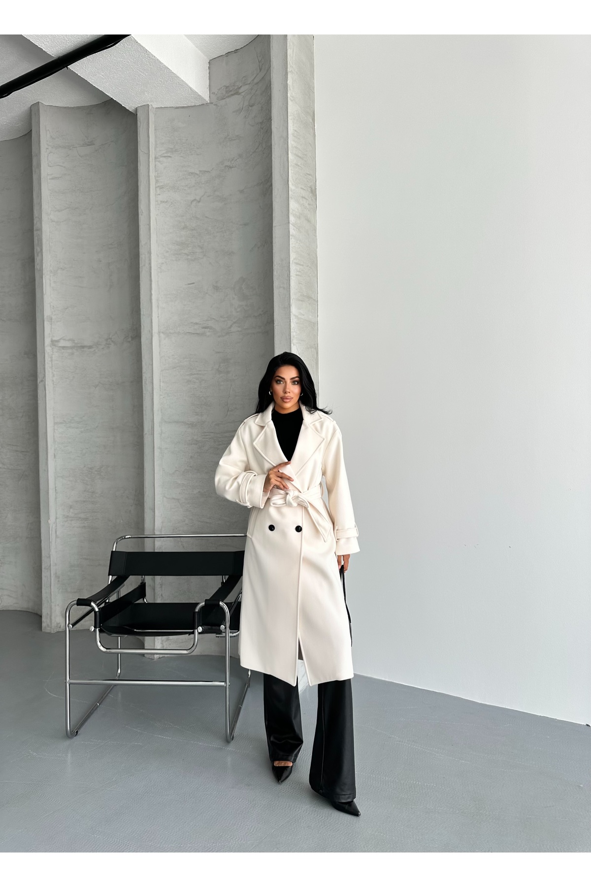 MEECY  Laura Kuşaklı Yeni Sezon Astarlı Premium Kalite Rahat Kalıp Kadın Kaşe Kaban Mont - Görsel 3