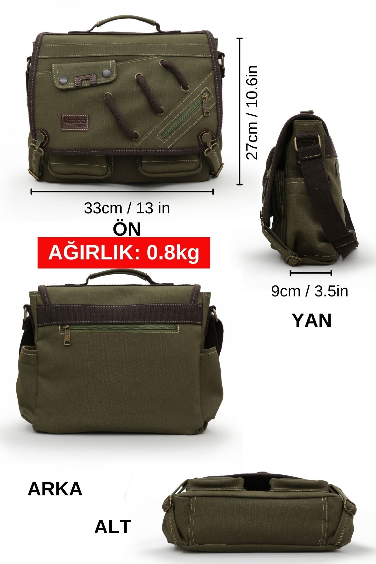 Cappadocia Vintage 4017 Haki 14" Laptop Kanvas Postacı Okul Çantası Unisex Kilitli Çok Cepli Omuz Askılı görsel 2