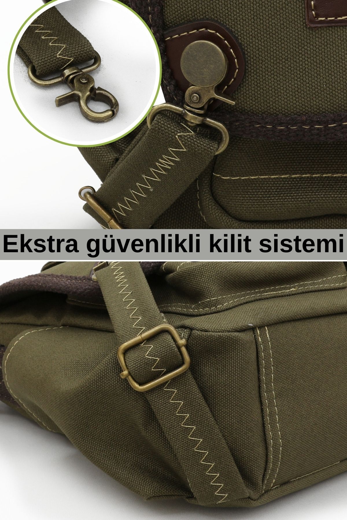 Cappadocia Vintage 4017 Haki 14" Laptop Kanvas Postacı Okul Çantası Unisex Kilitli Çok Cepli Omuz Askılı görsel 6