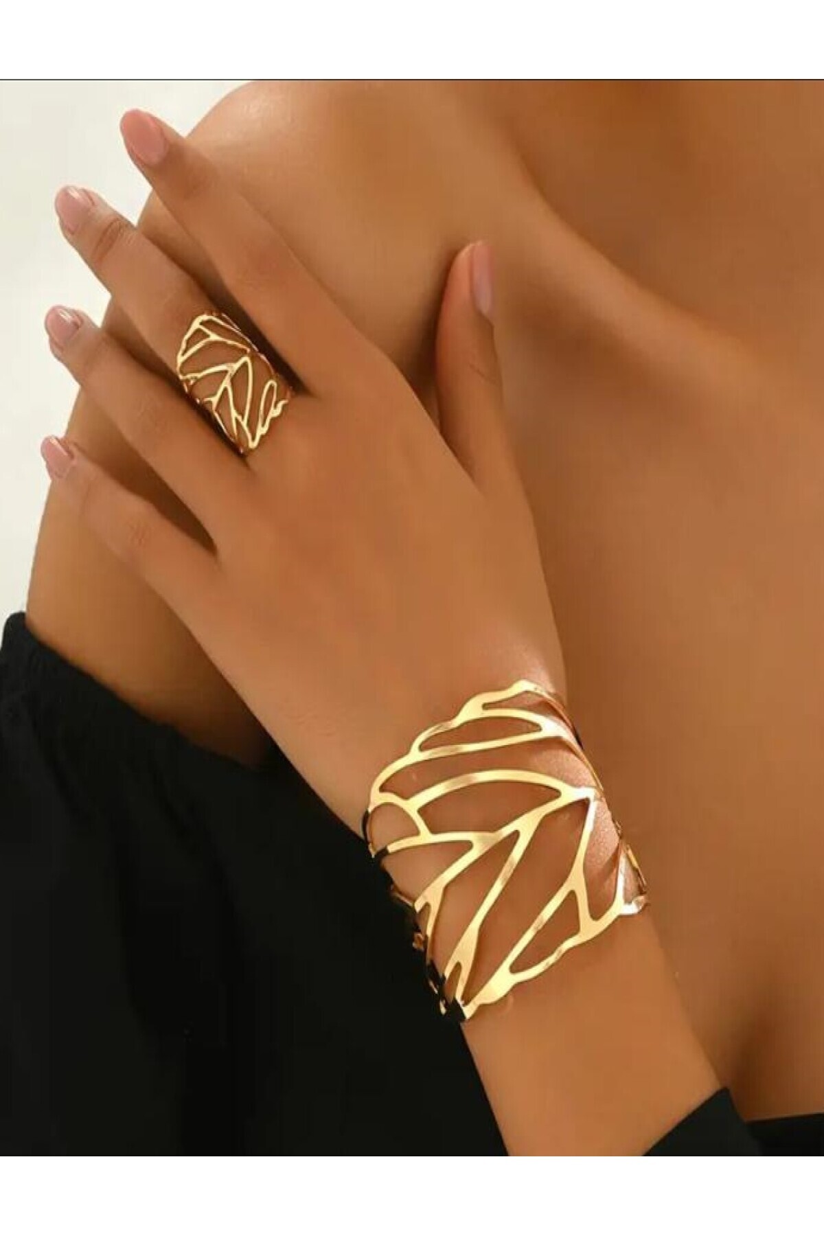 KANERUZ 2'li Şık Yaprak Desen Vintage Bohem Tarzı Geometrik Yüzük Bileklik Seti