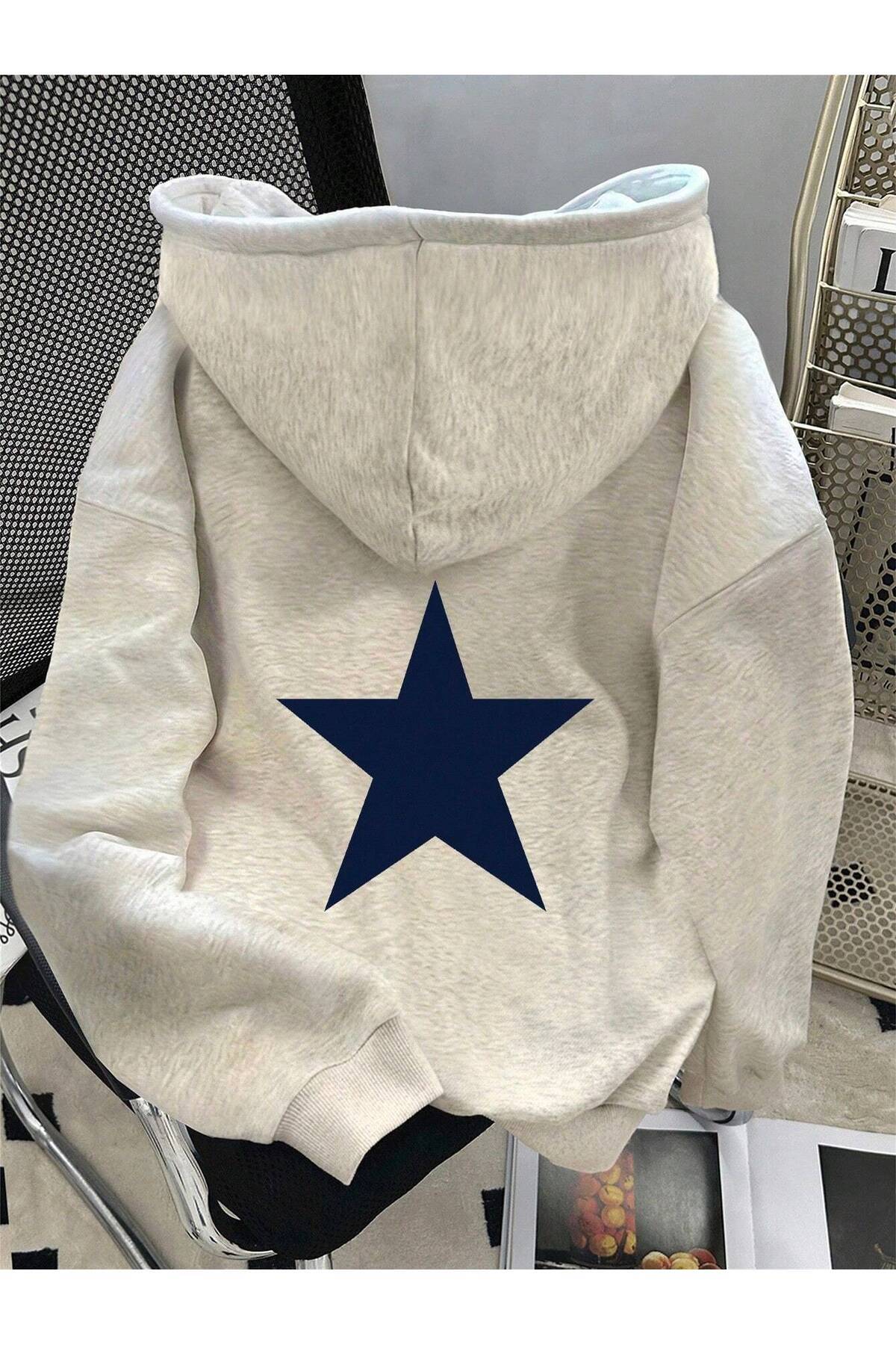 ModaQamar Star Printed Oversize Kangaroo Pocket Gray Hooded Sweatshirt Hoodie