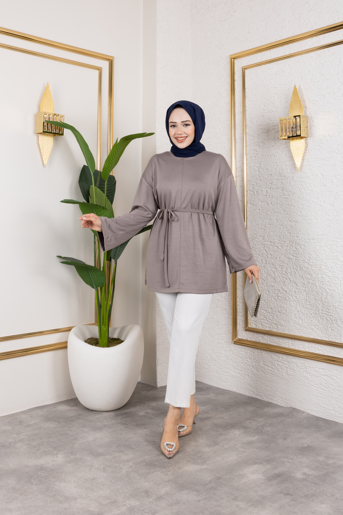 Eliva Kadın Vizon Belden Bağlamalı Kuşaklı Modal Örme Kumaş Tesettür Tunik