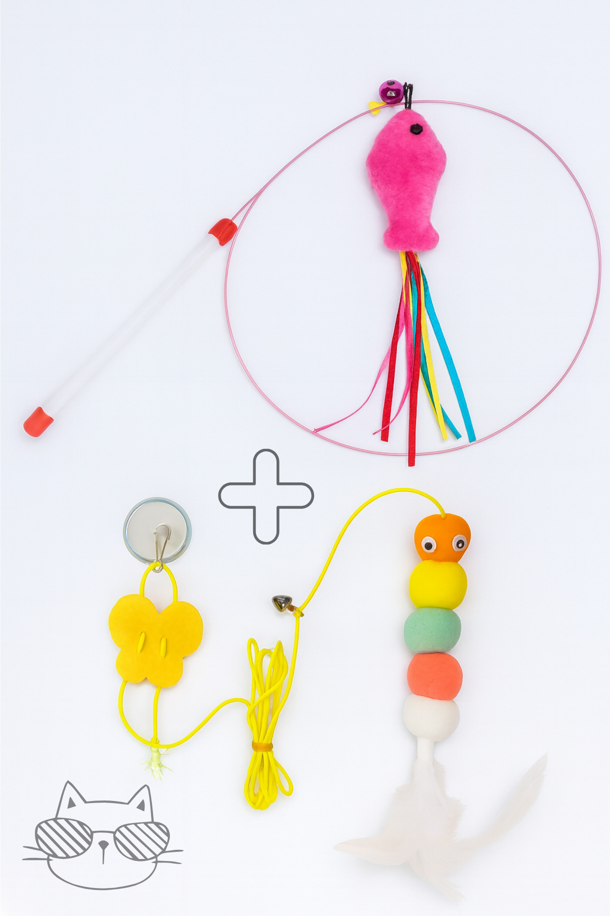 PapyonPet Balıklı Kedi Oltası + Elastik Kendinden Yapışkanlı Olta Kedi Oyuncağı | 2'li Kedi Oyun Seti