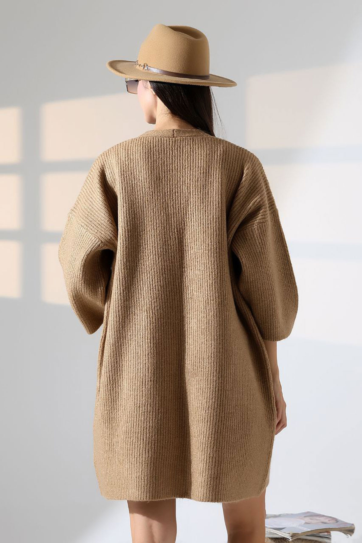 bacc  Kadın Bisküvi Çift Cepli Yarım Kol Uzun Boy Triko Hırka BCES-252019 - Görsel 4