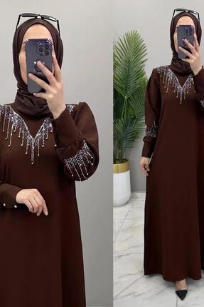 Genel Markalar MODAMARKAM HÜMÜŞ ELBİSE Taş Detaylı Krep Tesettür Elbise