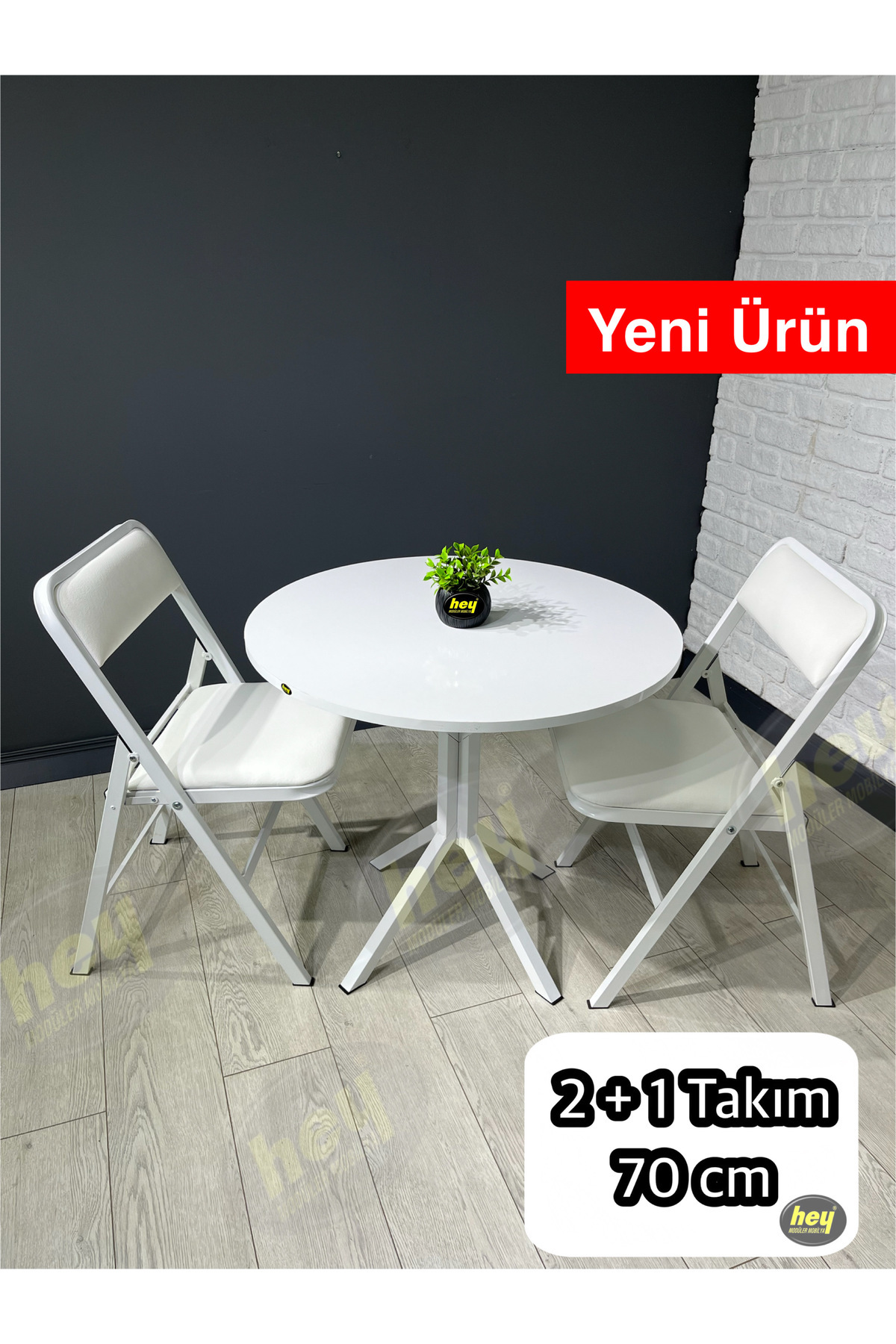 hey modüler mobilya Pars Beyaz 2 Kişilik Yuvarlak Mutfak Yemek Masası Takımı 2+1 Beyaz Deri 70 cm